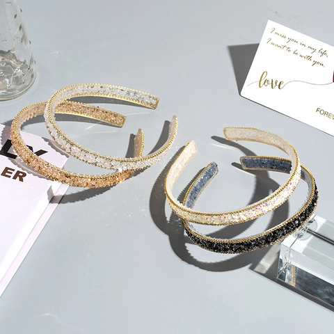 Vintage Rhinestone Headband For Women Thin Non-Slip Crystal Hairband Shiny Sequin Hair Hoop Accessories
