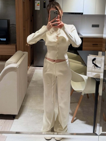 Knit Cardigan And Straight Leg Pants Ribbed Cotton Polyester Slim Fit Casual Loungewear Outfit For Women