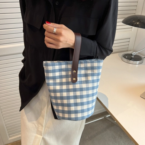 Polka Dot Gingham Segeltuch Eimer Handtasche Mit Braunem Ledergriff Niete Retro Lässige Große Kapazität Damen Mode Tote