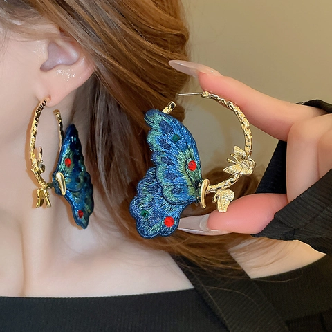 Vlinder Geborduurde Stof Hoop Oorbellen Met Strass En Zilveren Oorsteker Vintage Legering Sieraden Voor Dames