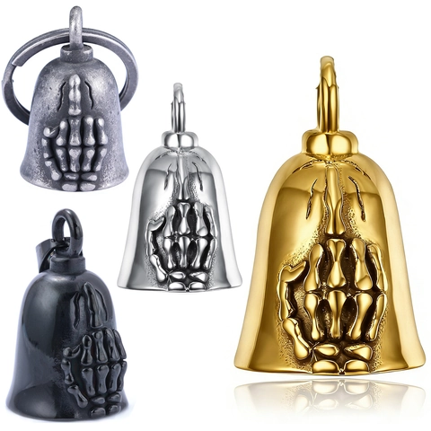 316L Stainless Steel Skeleton Middle Finger Guardian Bell Pendant For Motorcycle Biker Punk Rock Bone Hand Bell Necklace Gift For Men