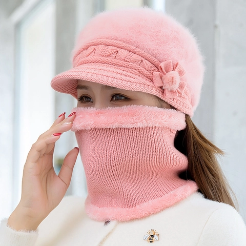 Women Winter Knitted Brimmed Beanie And Neck Warmer Faux Fur Plush Lined Thickened Warm Windproof Elegant Floral Accessory