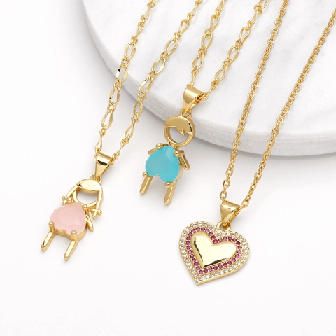 Collana Con Pendente A Cuore Rame Placcato Oro Zirconia Cubica Figure Ragazzo Ragazza Gioielli