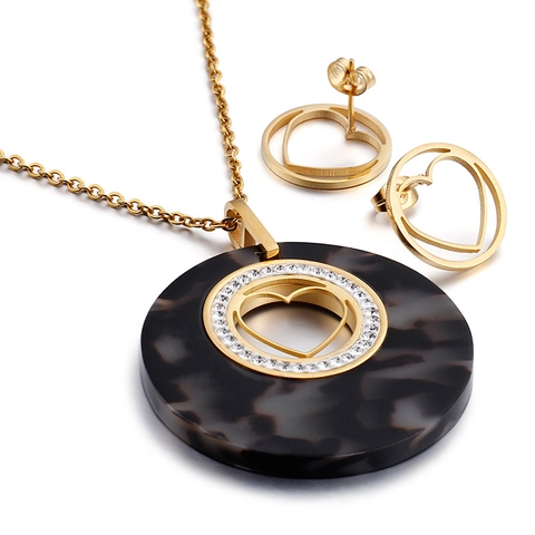 Collana E Orecchini In Acciaio Inossidabile Cuore Stella Fiore Traforato Ciondolo In Resina Tartarugata Donna Gioielli