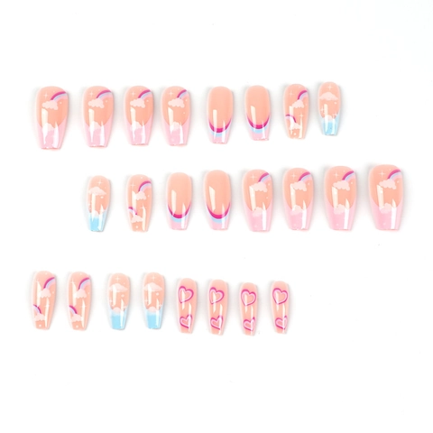 Press On Nails Rainbow Cloud Heart Pattern Long Coffin Shape French Tip False Nails ABS Plastic Sweet For Women