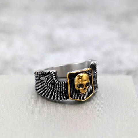 Skull Ring Stainless Steel Biker Punk Gothic Retro Gold Emblem Wing Texture Band Jewelry For Men Women