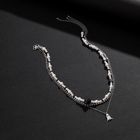 Collar De Capas Imitación Perla Artificial Cadena Metal Colgante Fantasma Dado Estilo Punk Street Para Hombres