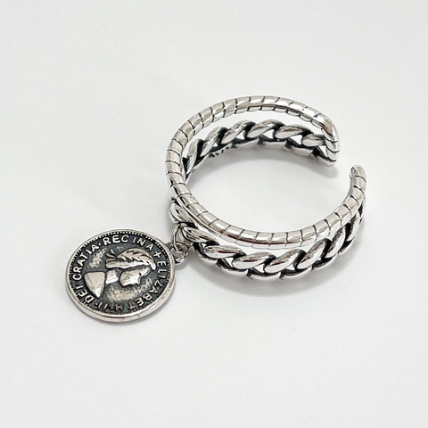 Anello Regolabile In Argento Sterling 925 Ciondolo Moneta Elizabeth II Design Catena Stile Vintage Geometrico Donna