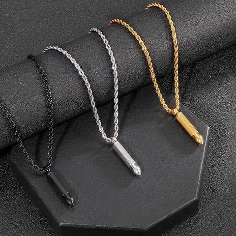 Collar Con Colgante De Bala Acero Inoxidable Cadena De Cuerda Retorcida Hip Hop Punk Rock Joyas Masculinas Pulido Y Cepillado