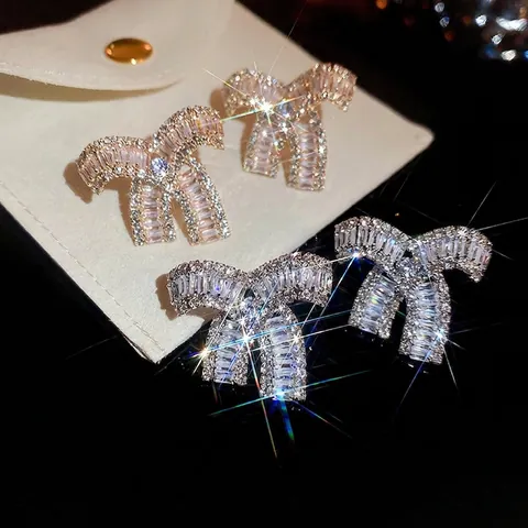 Funkelnde Zirkonia Schleifen Ohrstecker Mit 925er Sterling Silber Ohrstecker Französischer Stil Luxus Elegante Schmuck Für Frauen