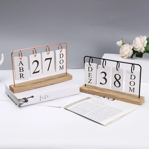 Calendario Perpetuo Minimalista Base In Legno Telaio In Metallo Visualizzazione Manuale Data Per Arredo Casa Ufficio