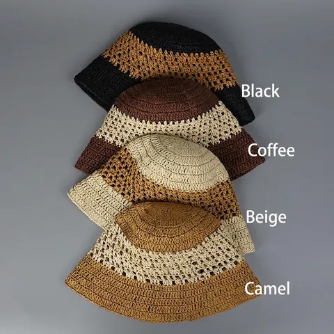 Cappello A Secchiello In Paglia Di Carta Intrecciata A Mano Uncinetto Traforato Protezione Solare Estate Tesa Larga Donna