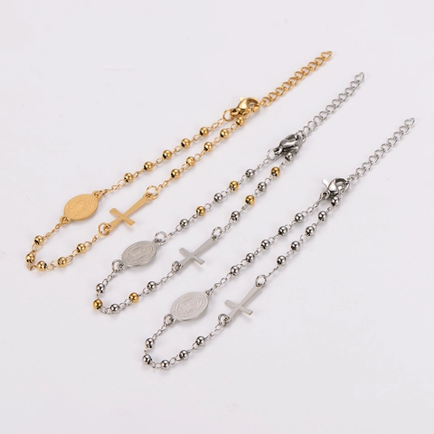 Retro Hip Hop Roestvrij Stalen Kraalketting Armband Kruis Heilige Medaille Hanger Voor Mannen Vrouwen Religieuze Sieraden