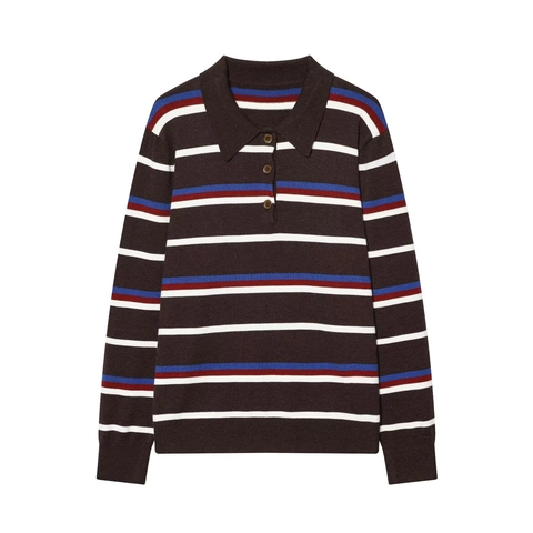 Suéter De Punto Polo A Rayas Para Mujer Manga Larga Retro Casual Botón Pullover Top Acrílico Poliéster Elegante