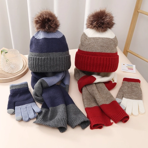 Gorro Bufanda Y Guantes Táctiles De Punto De Invierno Para Niños Forro Polar Rayado Con Pompon De Pelo