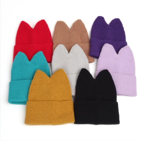 Katzenohren Beanie Mütze Acryl Strick Warm Winter Pullover Süß Rippenstrick Umschlag Draußen Für Damen Mädchen