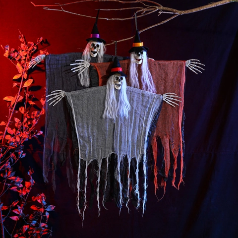 Halloween Hängende Geist Dekoration Skelett Mit Hexenhut Lange Weiße Haare Kunststoff Stoff Gaze Spukhaus Requisite Gruselig