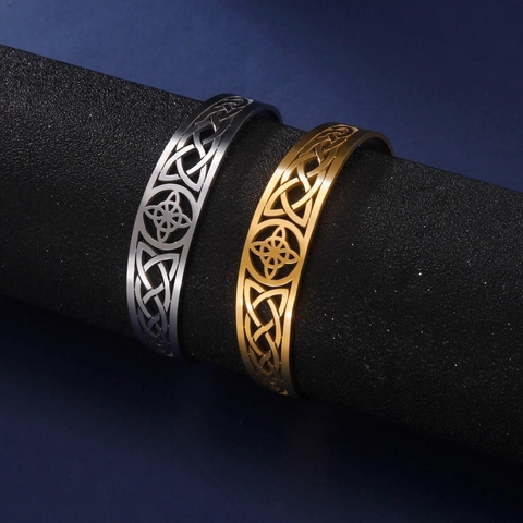 Stainless Steel Cuff Bracelet Hollow Out Celtic Knot Ethnic Vintage Style Open Bangle Jewelry