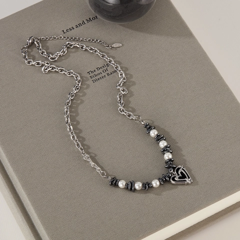 Edelstahl Herz Anhänger Halskette Mit Künstlichen Perlen Und Hämatit Perlen Y2K Streetstyle Damen Mode Schmuck Silber Schwarz