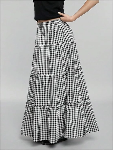 Women Gingham Plaid Tiered Long Skirt High Waist Elastic A-Line Layered Retro Casual Maxi Skirts Polyester