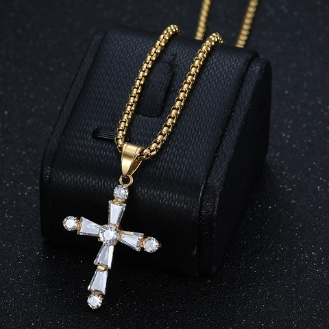 Collana Con Ciondolo A Croce Acciaio Inossidabile 316L AAA Zircone Incastonato Oro 18K Placcato Gioielli Moda Uomo Donna