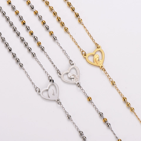 Collana Rosario Acciaio Inossidabile 304 Catena A Sfere A Y Medaglia Cuore Vergine Maria Pendente Croce Gioielli Religiosi Da Donna