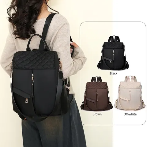 Mochila De Moda Para Mujer Nylon Tela Oxford Acolchada Patrón Diamante Bolsillos Múltiples Antirrobo Viaje Informal Ligera