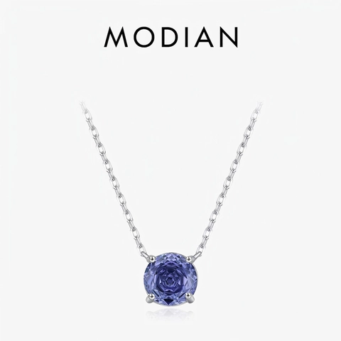925 Sterling Silver Necklace With Round Purple Tanzanite Color Zirconia Pendant Minimalist Elegant Jewelry For Women