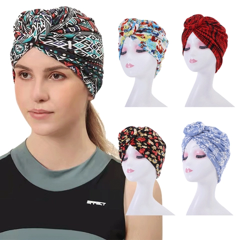 Women Bohemian Printed Turban Hat Knotted Elastic Polyester Headwrap Ethnic Style Headwear For Daily Wear