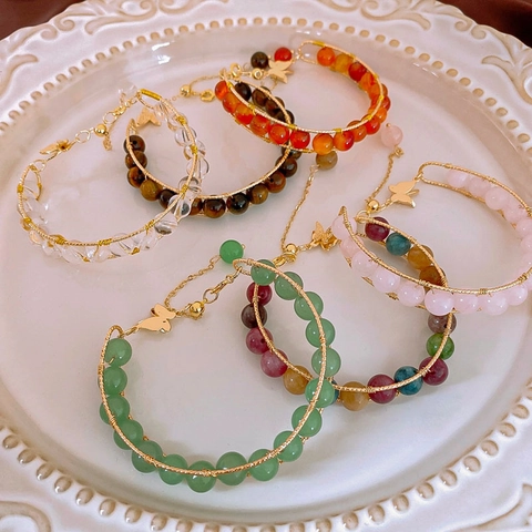 Bracciale Di Perline Fatto A Mano Pietra Naturale Cristallo Farfalla Regolabile Gioielli Vintage Elegante Donne