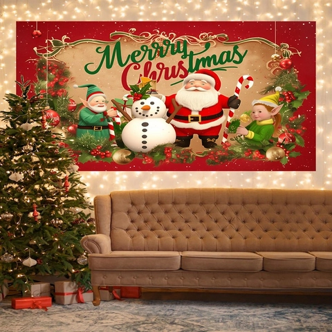 Christmas Backdrop Polyester Merry Christmas Santa Claus Snowman Elf Party Decoration Wall Hanging Photography Background