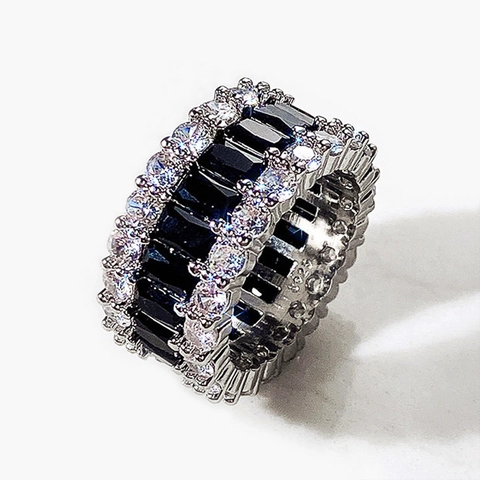 Luxury Wide Band Ring Three Row Pavé Black Rectangular And White Round AAA Zircon Copper Jewelry For Women