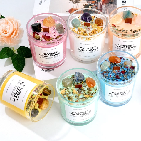 Crystal Manifestation Scented Candle Soy Wax With Natural Stones Dried Flowers Wood Wick Glass Jar Aromatherapy