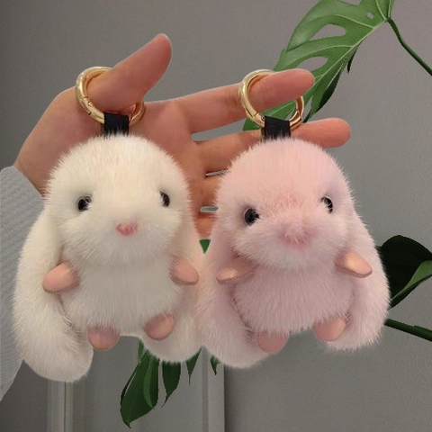 Cute Plush Rabbit Keychain Fluffy Bunny Bag Charm Faux Mink Fur Pendant Soft Toy For Car Keys And Schoolbags