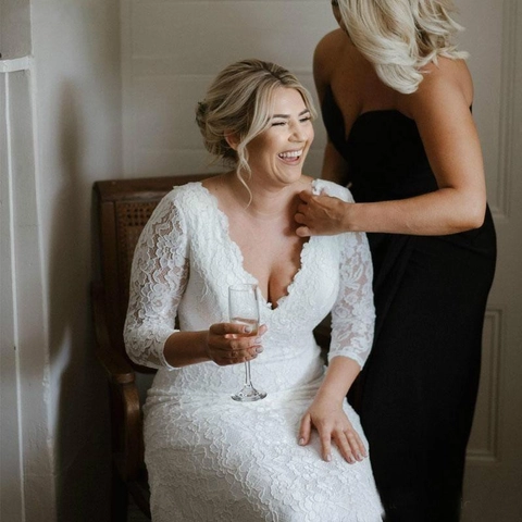 Deep V Neck Lace Wedding Dress With Three Quarter Sleeves Elegant Mermaid Bridal Gown Floor Length Ivory White