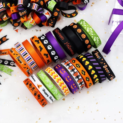 Halloween Grosgrain Ribbon Polyester Printed Pumpkin Skull Bat Pattern DIY Crafts Gift Wrapping Party Decoration Ribbon