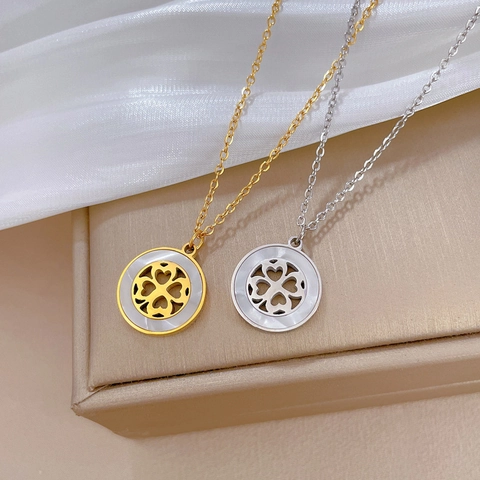 Four Leaf Clover Pendant Necklace Stainless Steel Mother Of Artificial Pearl Heart Hollow Round Charm Jewelry For Women Fashion