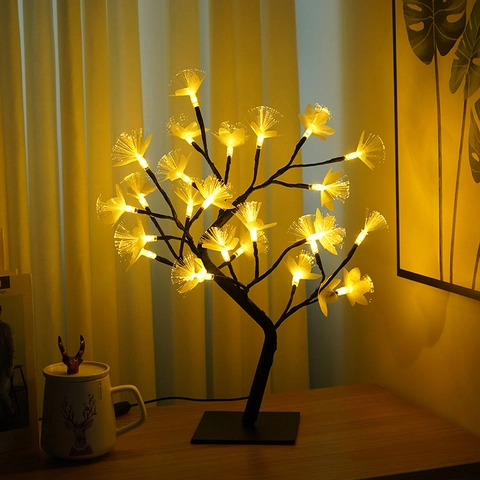 Lámpara Árbol De Flores De Fibra Óptica LED Alimentada Por USB Blanco Cálido Abedul Decorativa Para Navidad Hogar Escritorio