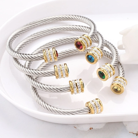 Βραχιόλι Cuff Με Στριφτό Σύρμα Από Ανοξείδωτο Ατσάλι Με Ζιργκόν Birthstone Δίχρωμο Ρυθμιζόμενο Κόσμημα Για Γυναίκες