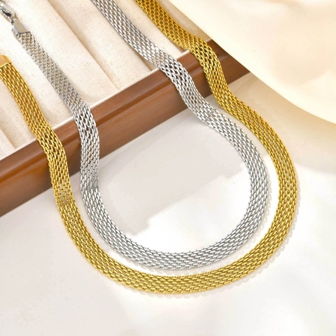 Collar de Malla de Acero Inoxidable para Mujer Gargantilla de Cadena Trenzada Plana Minimalista Joyería Chapada en Oro Plata Regalo
