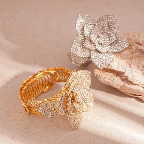 Flower Cuff Bracelet Sparkling Rhinestone Alloy Dimensional Layered Floral Statement Bangle For Women Chic Jewelry