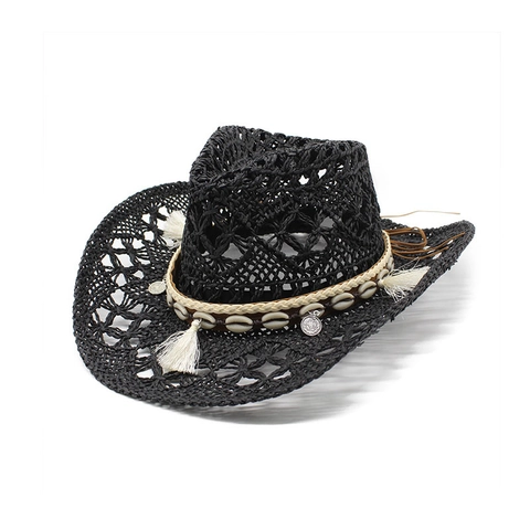 Western Cowboy Strohoed Voor Dames Heren Hol Ademend Zonbescherming Strandhoed Met Schelp Kwastje Boheemse Band