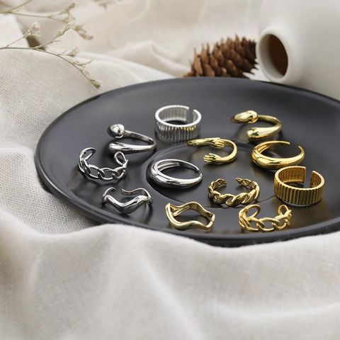 925 Sterling Silver Open Rings For Women Adjustable Geometric Wave Chain Hugging Hand Minimalist Gold Silver Plated Finger Ring