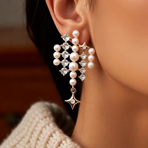 Luxury Faux Artificial Pearl Zircon Cluster Drop Earrings With Star Pendant Vintage Elegant Jewelry For Women Silver Earring Post