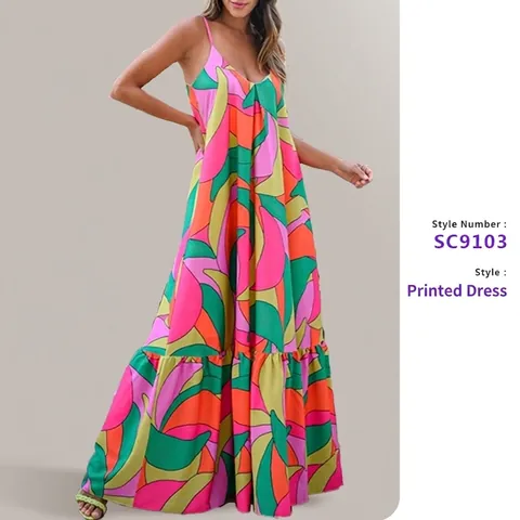 Women's Bohemian V-Neck Backless Maxi Dress Floral Print Spaghetti Strap Polyester Sun Dress For Summer Beach Vacation
