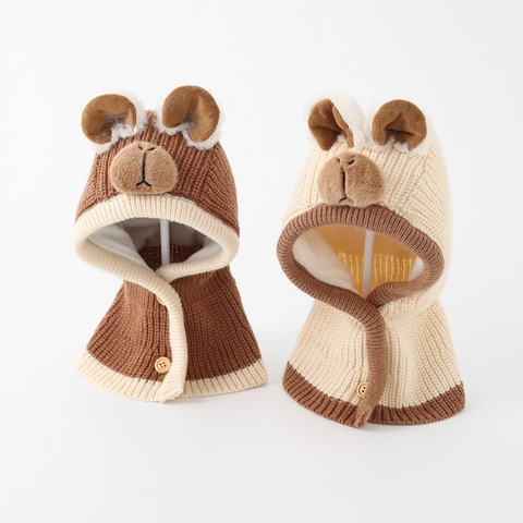 Kinder Winter Strick Bär Kapuzenschal Warm Fleece Gefüttert Ohrenklappen Mütze Winddicht Nackenwärmer Für Kleinkinder Jungen Mädchen