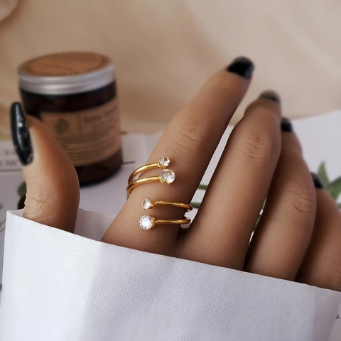 Zweilagiger Offener Ring Edelstahl 18K Vergoldet Zirkonia Verstellbar Minimalistischer Schmuck Damen