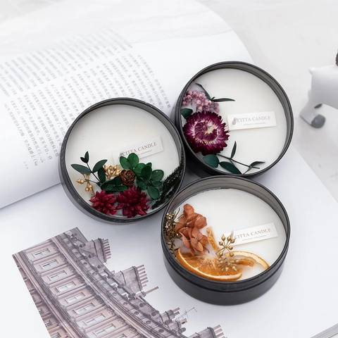 Scented Candle Handmade Soy Wax With Dried Flowers And Fruits In Metal Tin Transparent Lid Home Fragrance Holiday Gift
