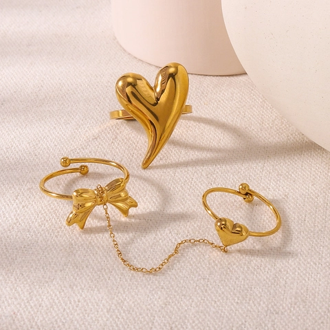 Heart Bow Stacking Rings Gold Plated Stainless Steel Niche Chain Link Jewelry Aesthetic Trendy Minimalist For Women Elegant