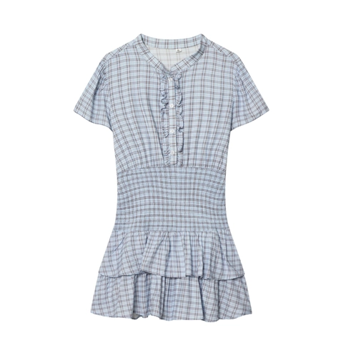 Kariertes Gingham Minikleid Kurzarm Rüschen Gesmokte Taille Gestufter Saum Süße Mode Für Damen